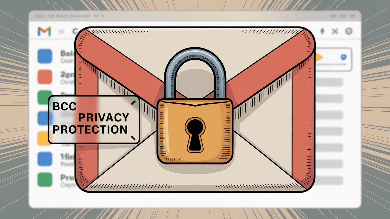Gmail BCC privacy protection concept showing an email envelope with a padlock, illustrating how BCC protects recipient privacy